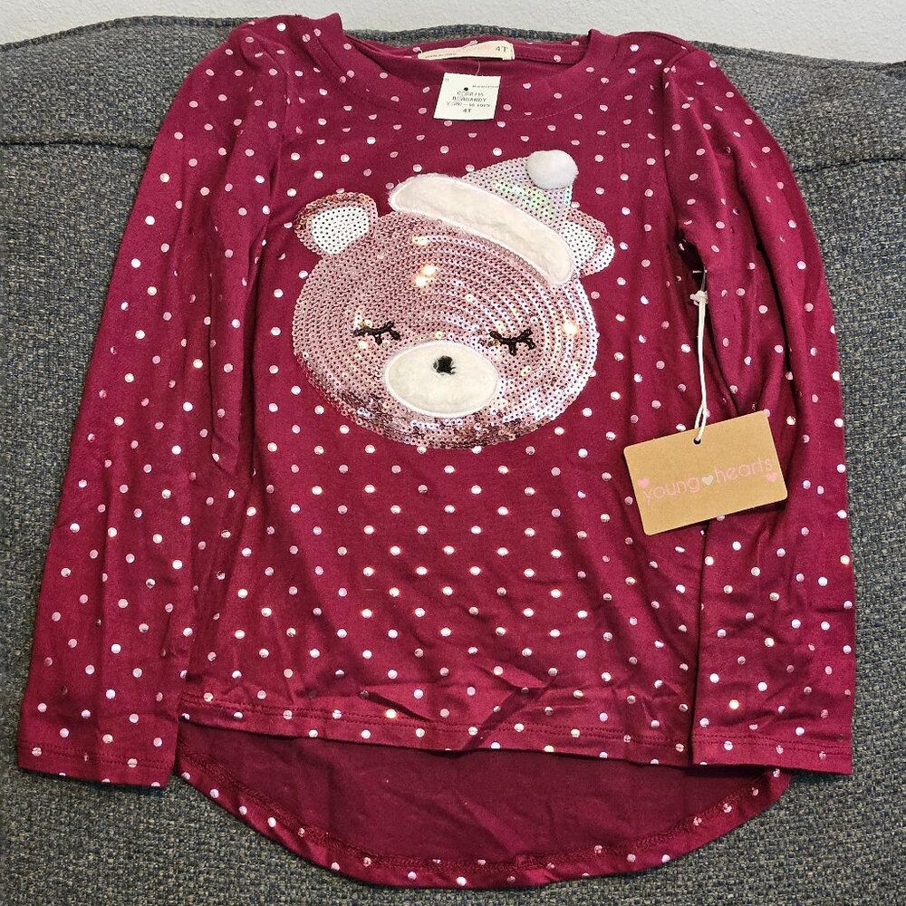 Girls' Christmas Bear Long Sleeve graphic top. Size 4T Color Burgandy.